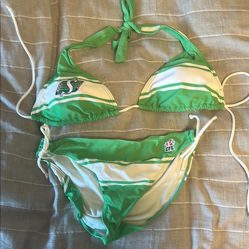 Green and White SK Roughriders Bikini Set